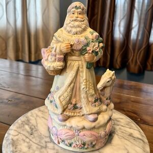 VTG 90s Victorian Pastel Santa Music Box Porcelain White‎ Christmas Horse Floral